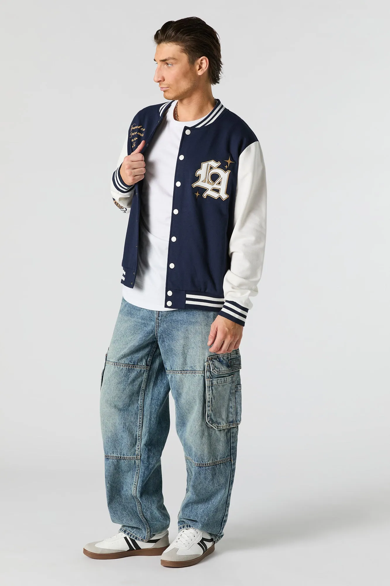 Blouson de style universitaire en molleton imprimé avec motif brodé
