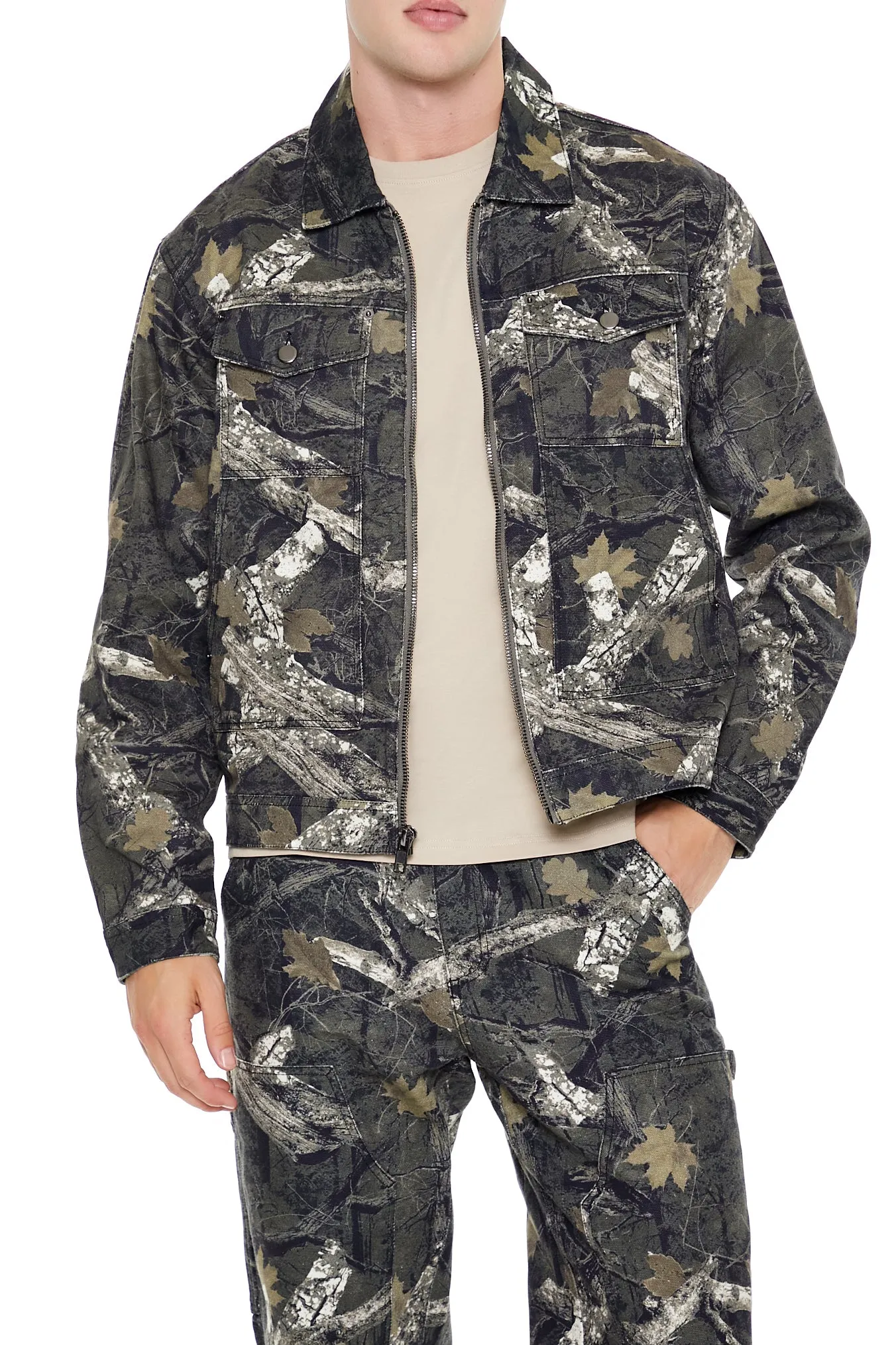 Camo Leaf Print Trucker Jacket