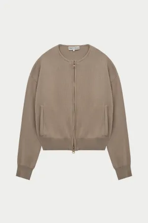 COLLARLESS KNITTED ZIP THROUGH BOMBER - BEIGE