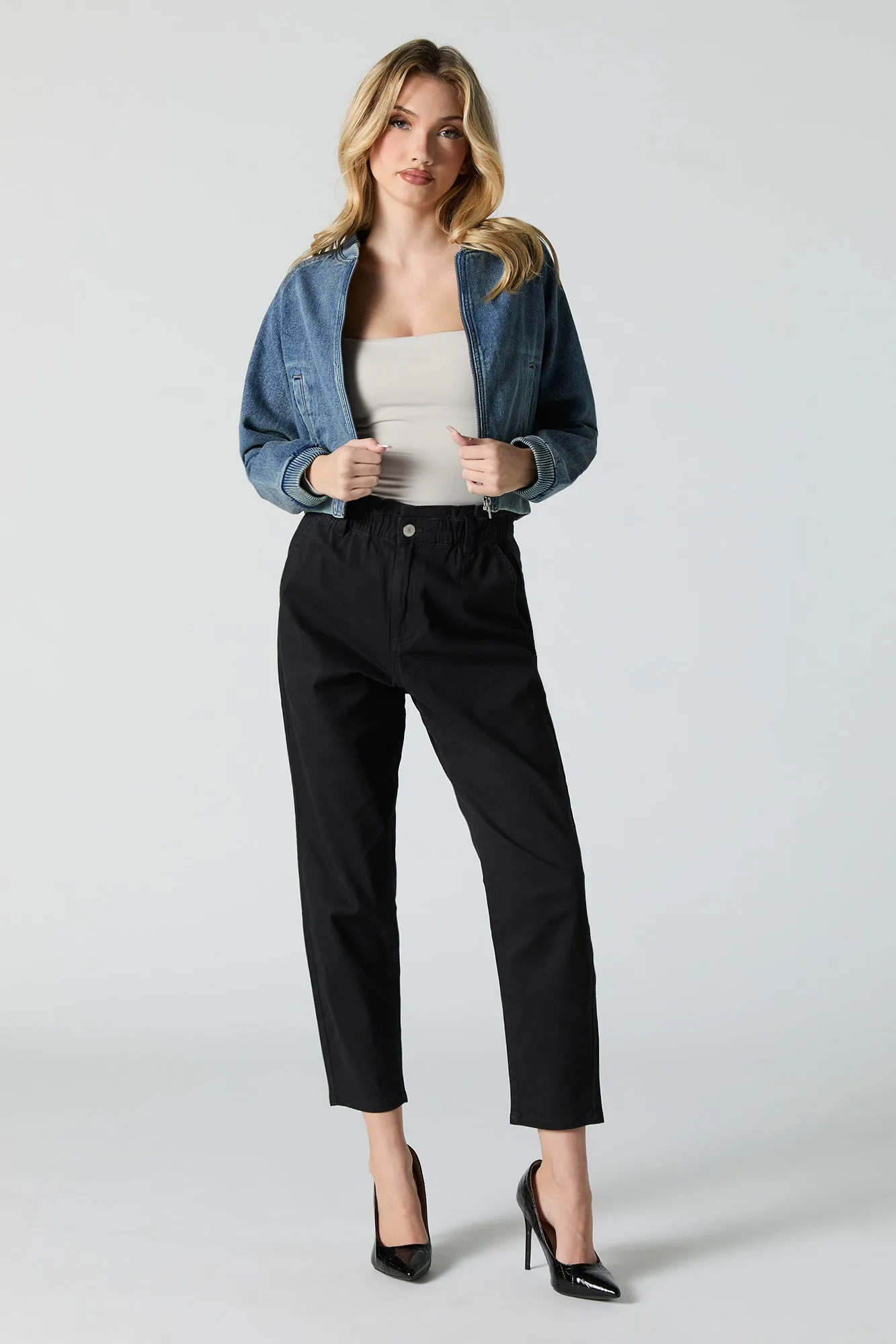 Cropped Denim Bomber Jacket