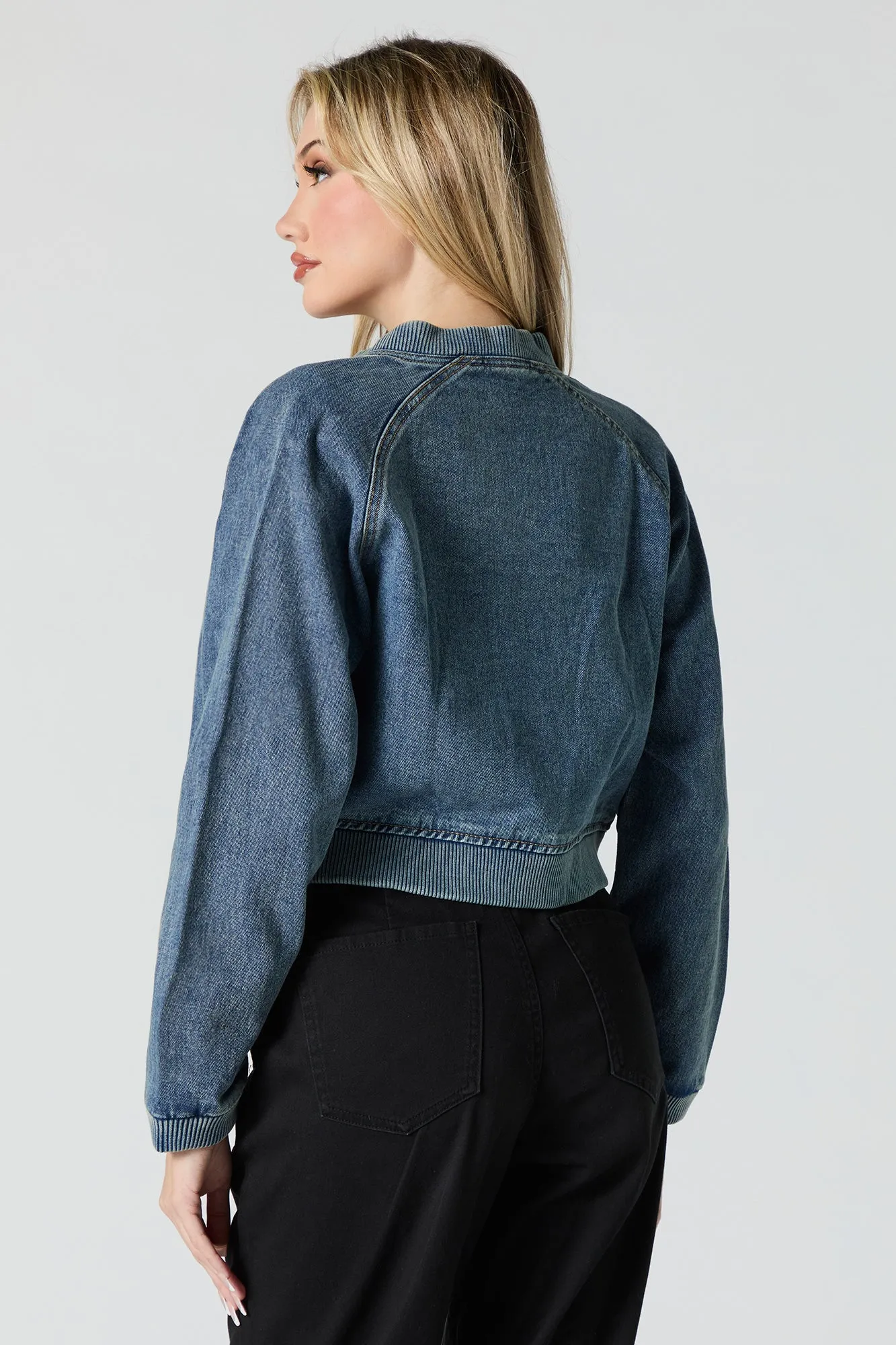 Cropped Denim Bomber Jacket