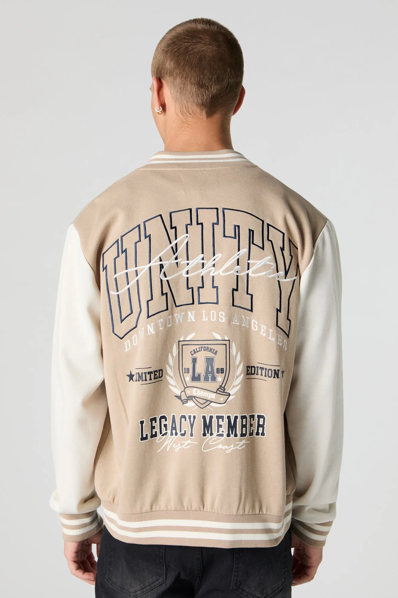 Embroidered Graphic Fleece Varsity Jacket