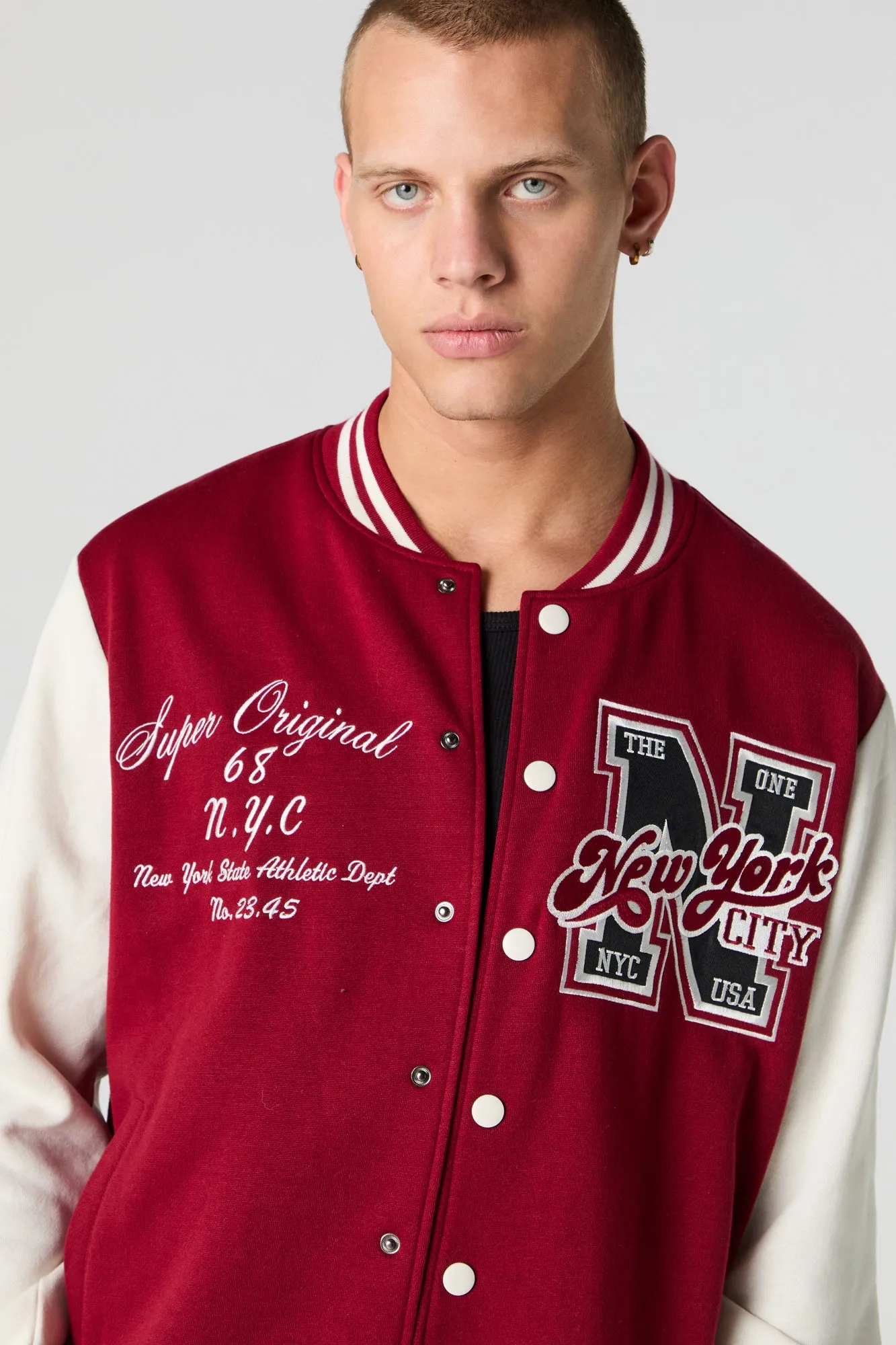 Embroidered Graphic Fleece Varsity Jacket