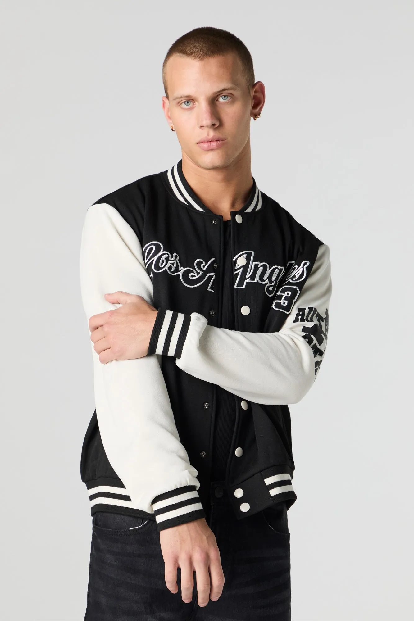 Embroidered Graphic Fleece Varsity Jacket