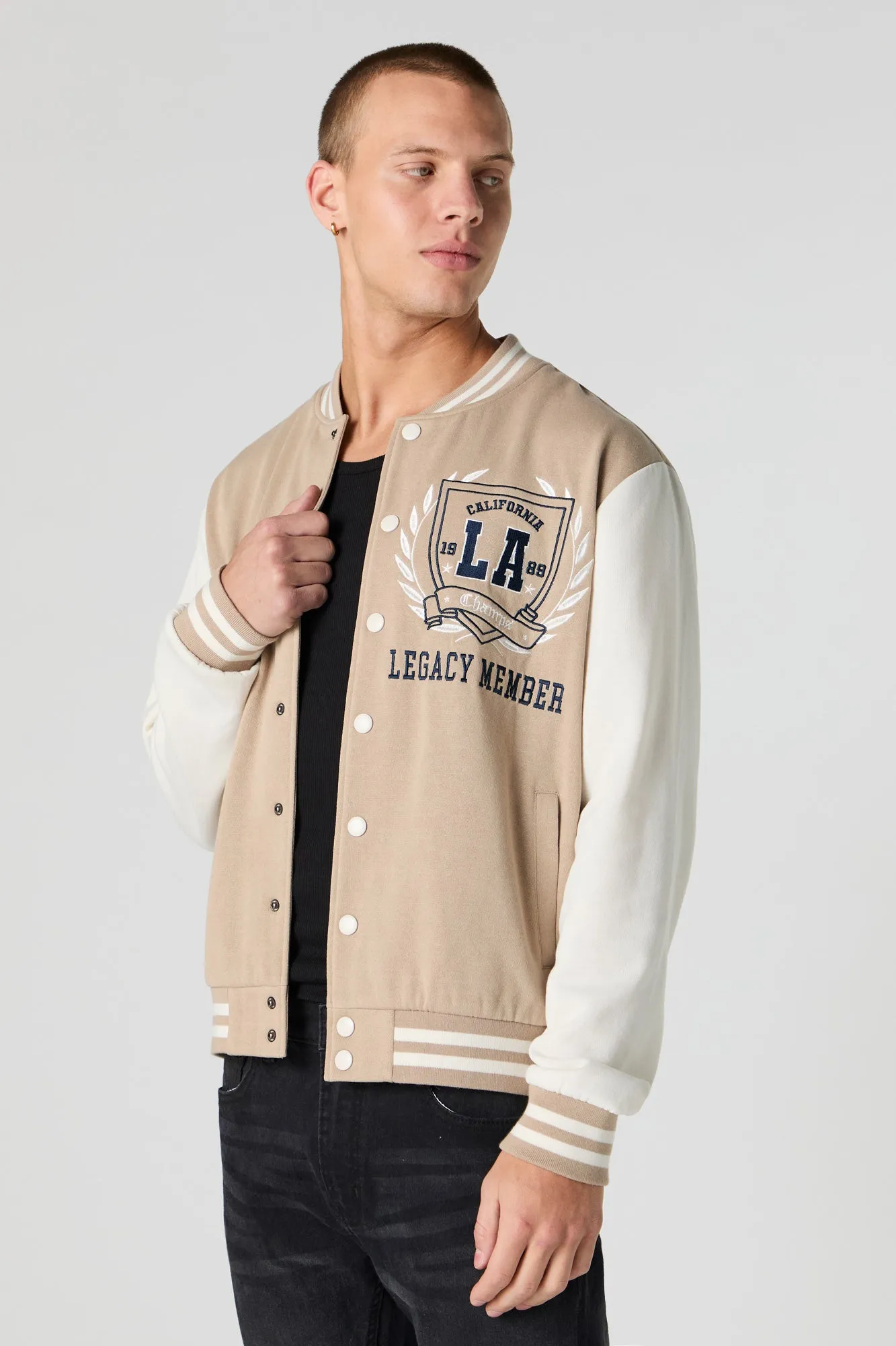 Embroidered Graphic Fleece Varsity Jacket