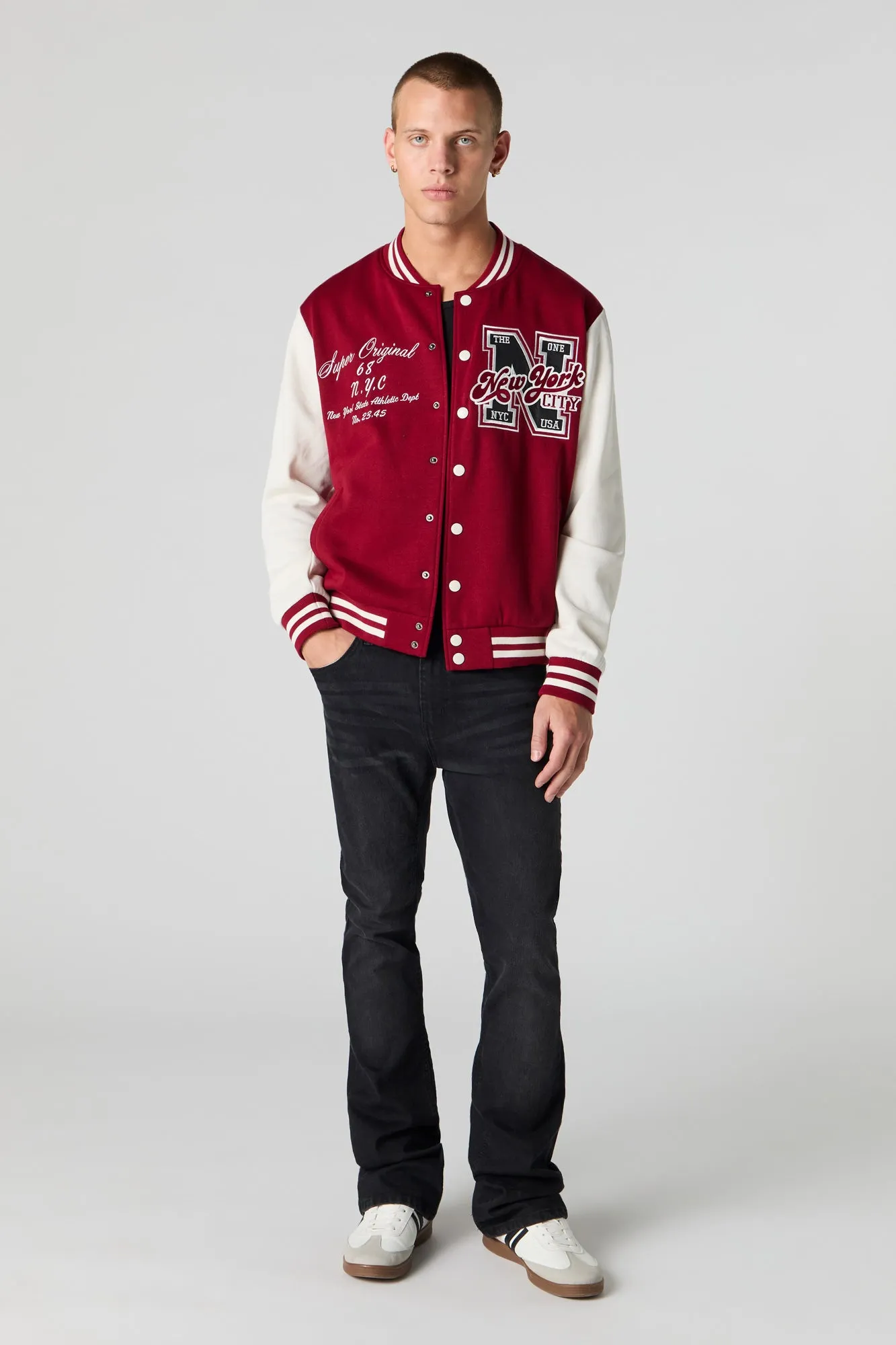 Embroidered Graphic Fleece Varsity Jacket