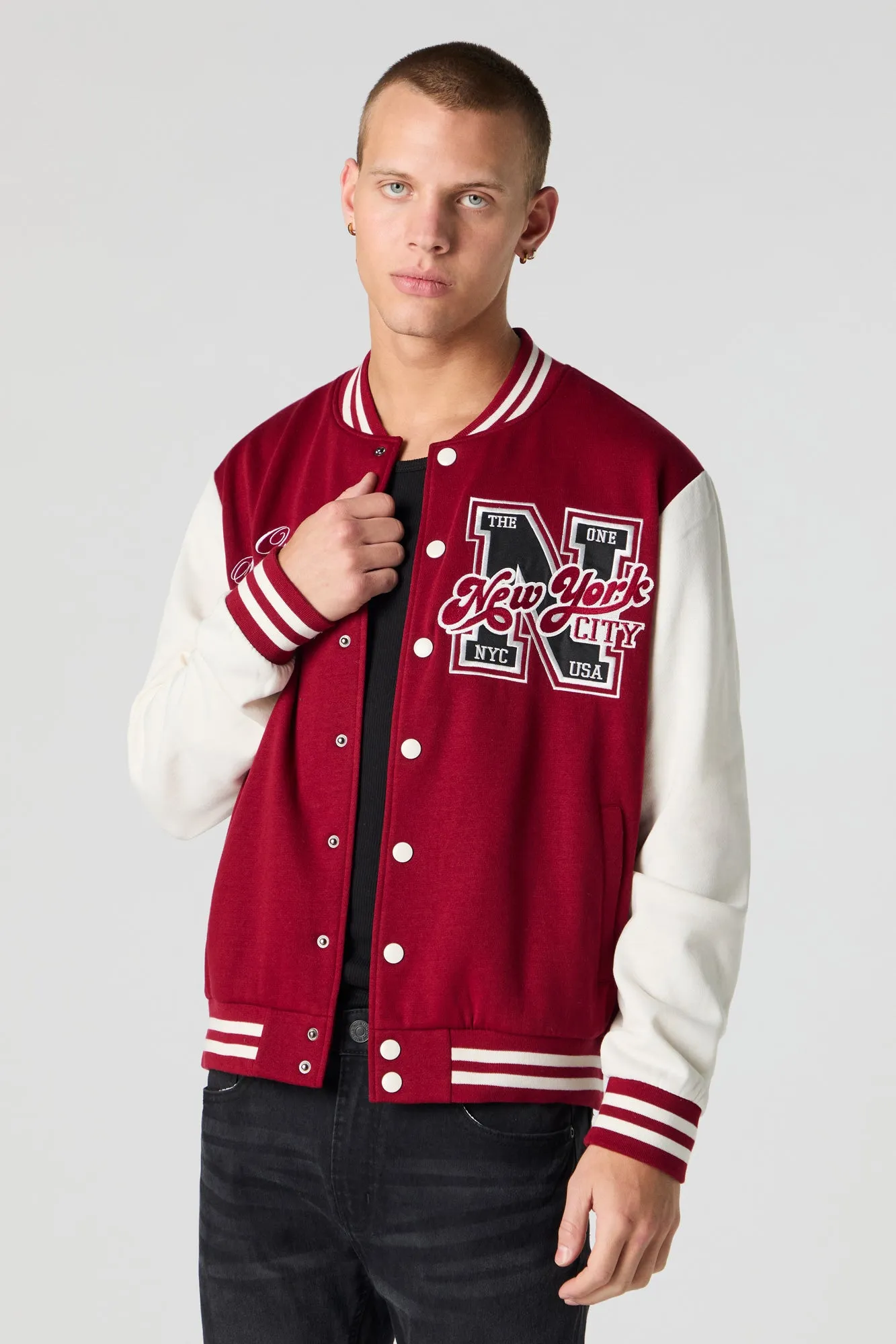 Embroidered Graphic Fleece Varsity Jacket