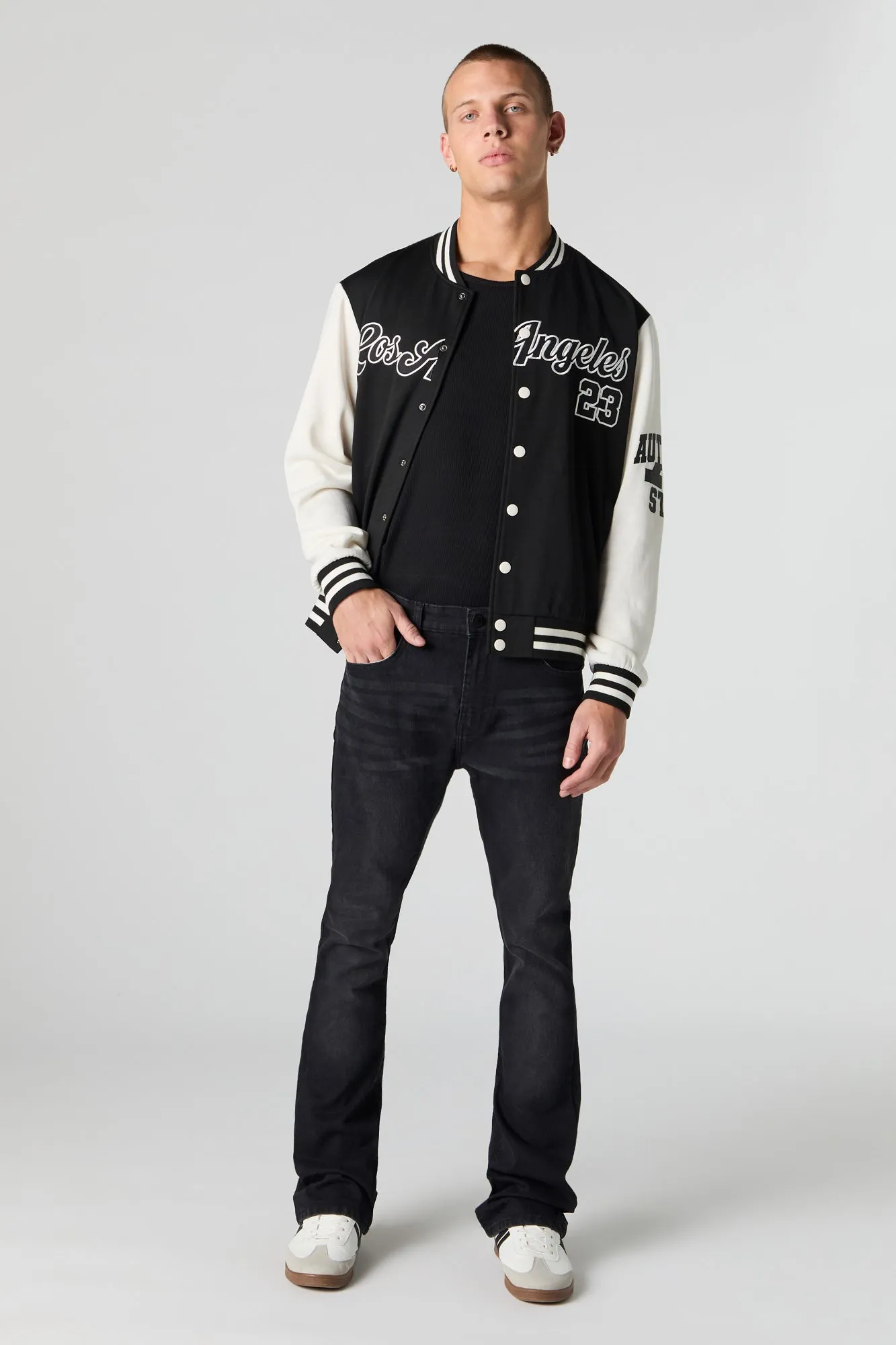 Embroidered Graphic Fleece Varsity Jacket