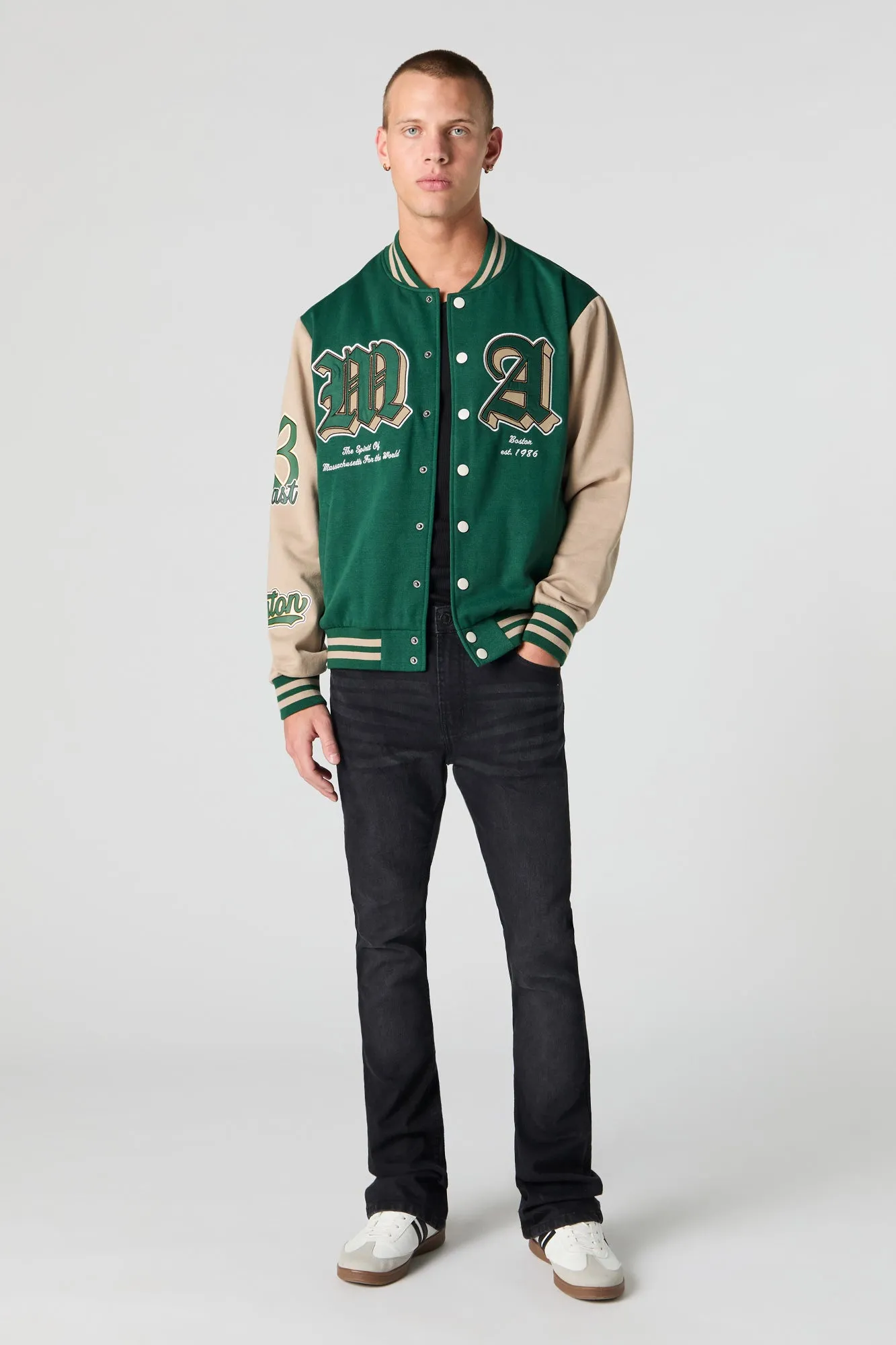 Embroidered Graphic Fleece Varsity Jacket