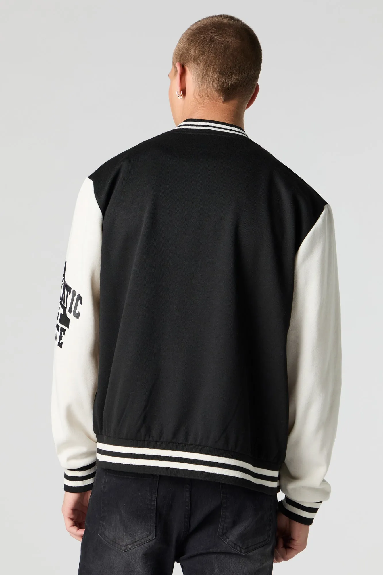 Embroidered Graphic Fleece Varsity Jacket