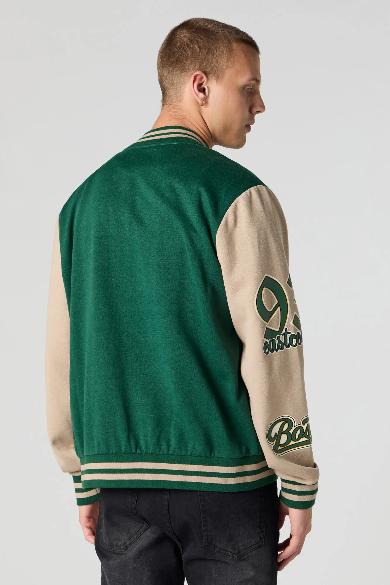 Embroidered Graphic Fleece Varsity Jacket