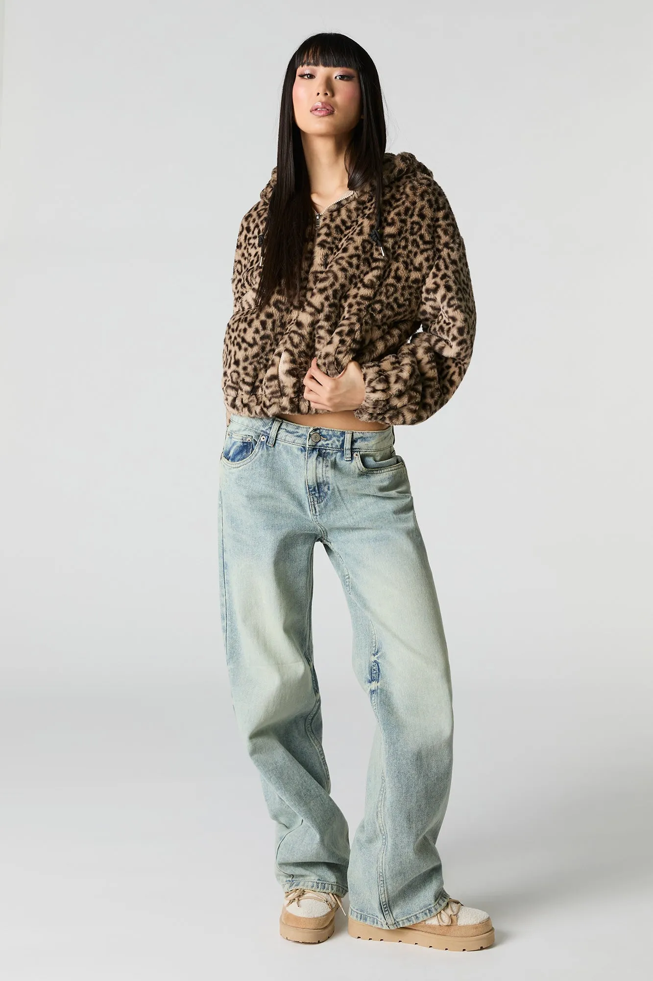 Faux Fur Hooded Zip-Up Jacket