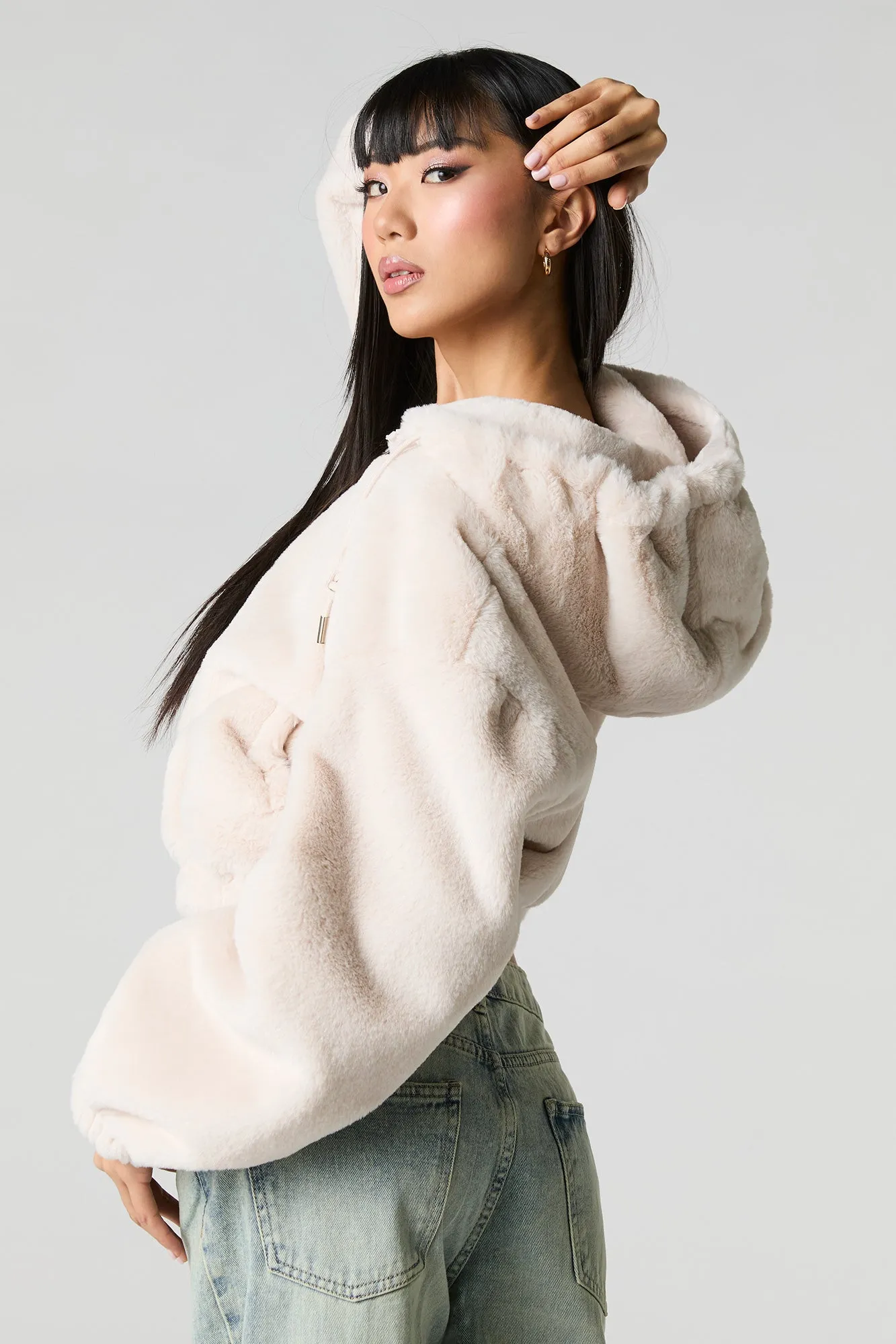 Faux Fur Hooded Zip-Up Jacket