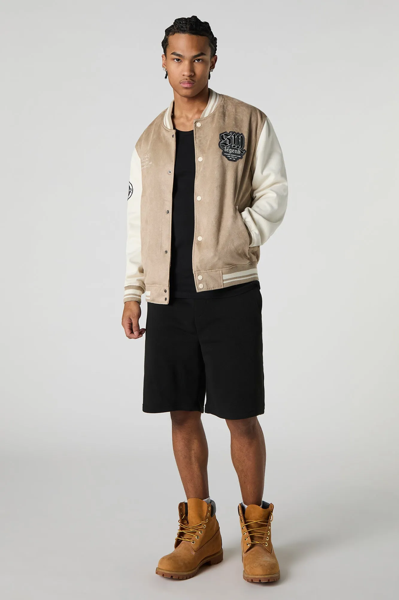 Faux Suede Embroidered Varsity Jacket