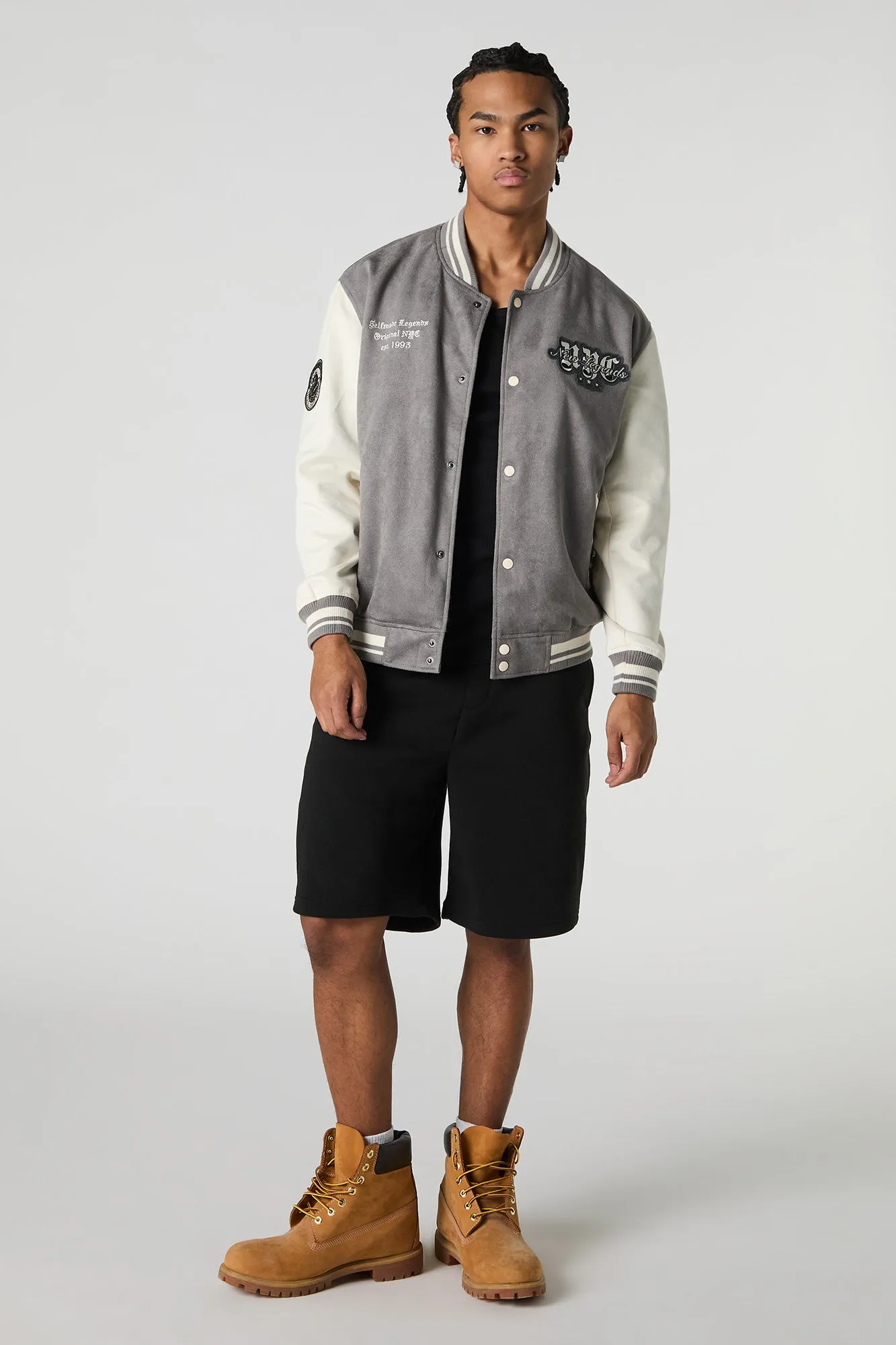 Faux Suede Embroidered Varsity Jacket