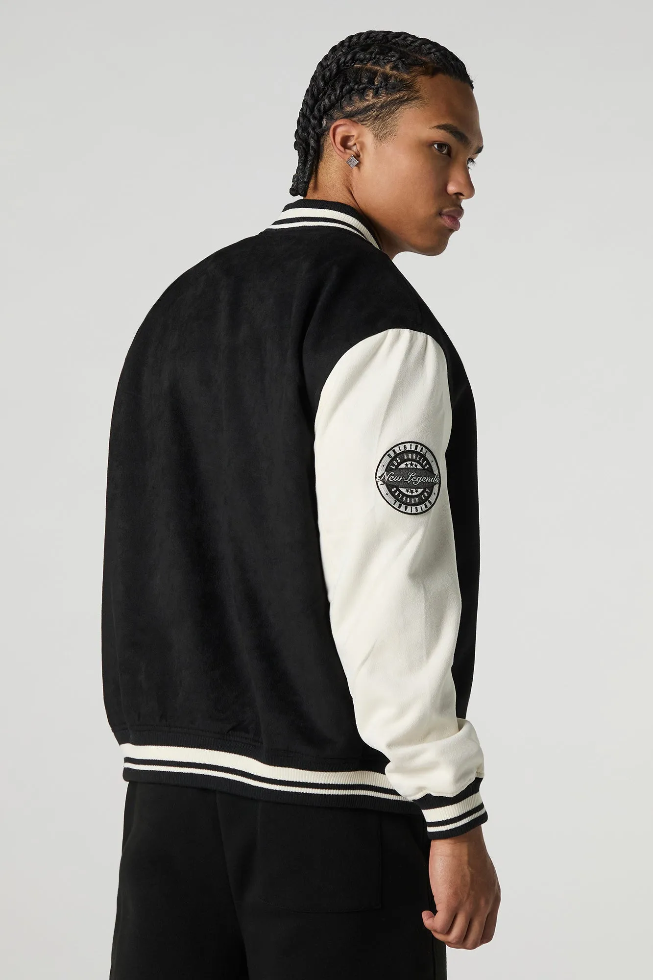 Faux Suede Embroidered Varsity Jacket
