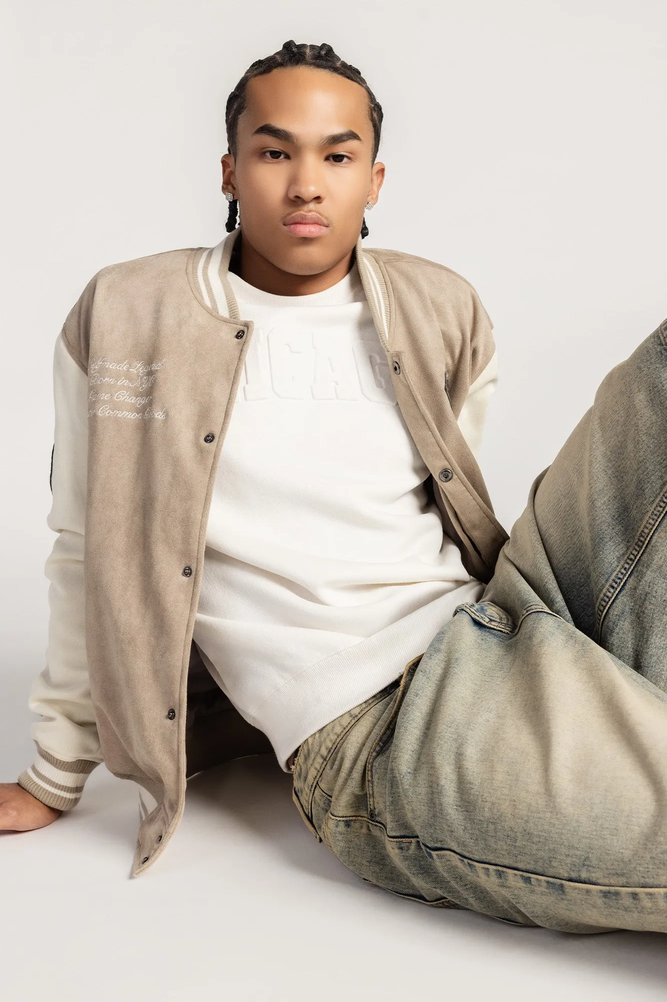 Faux Suede Embroidered Varsity Jacket