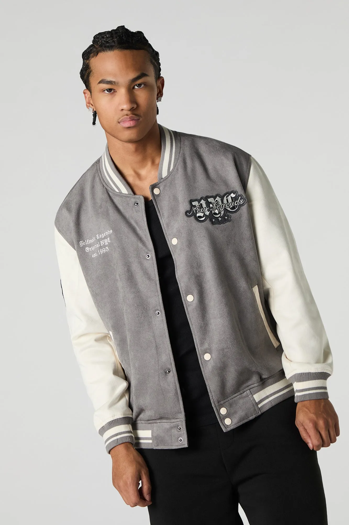 Faux Suede Embroidered Varsity Jacket