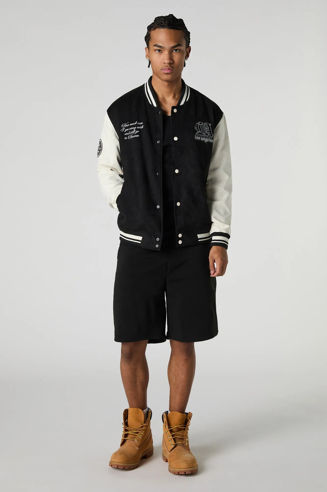 Faux Suede Embroidered Varsity Jacket
