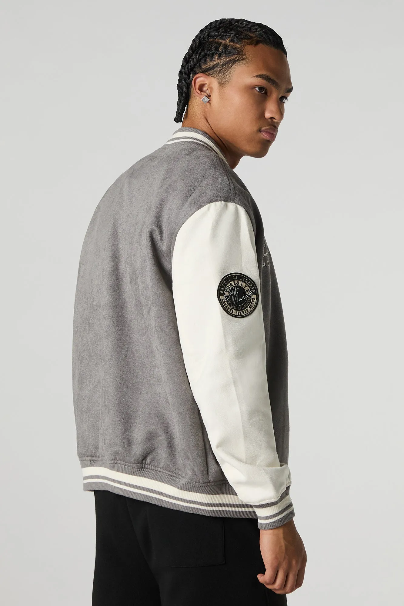 Faux Suede Embroidered Varsity Jacket