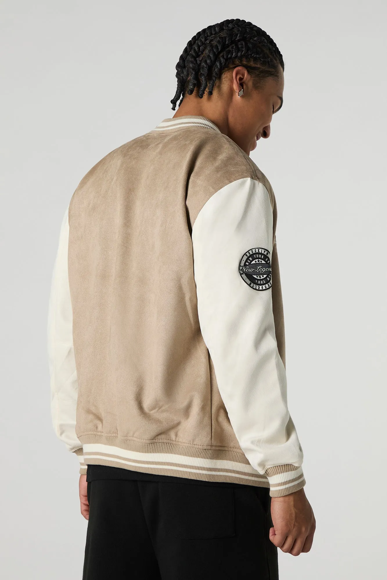Faux Suede Embroidered Varsity Jacket