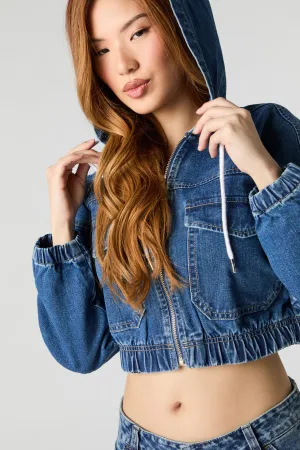 Haut à capuchon en denim court avec fermeture à glissière