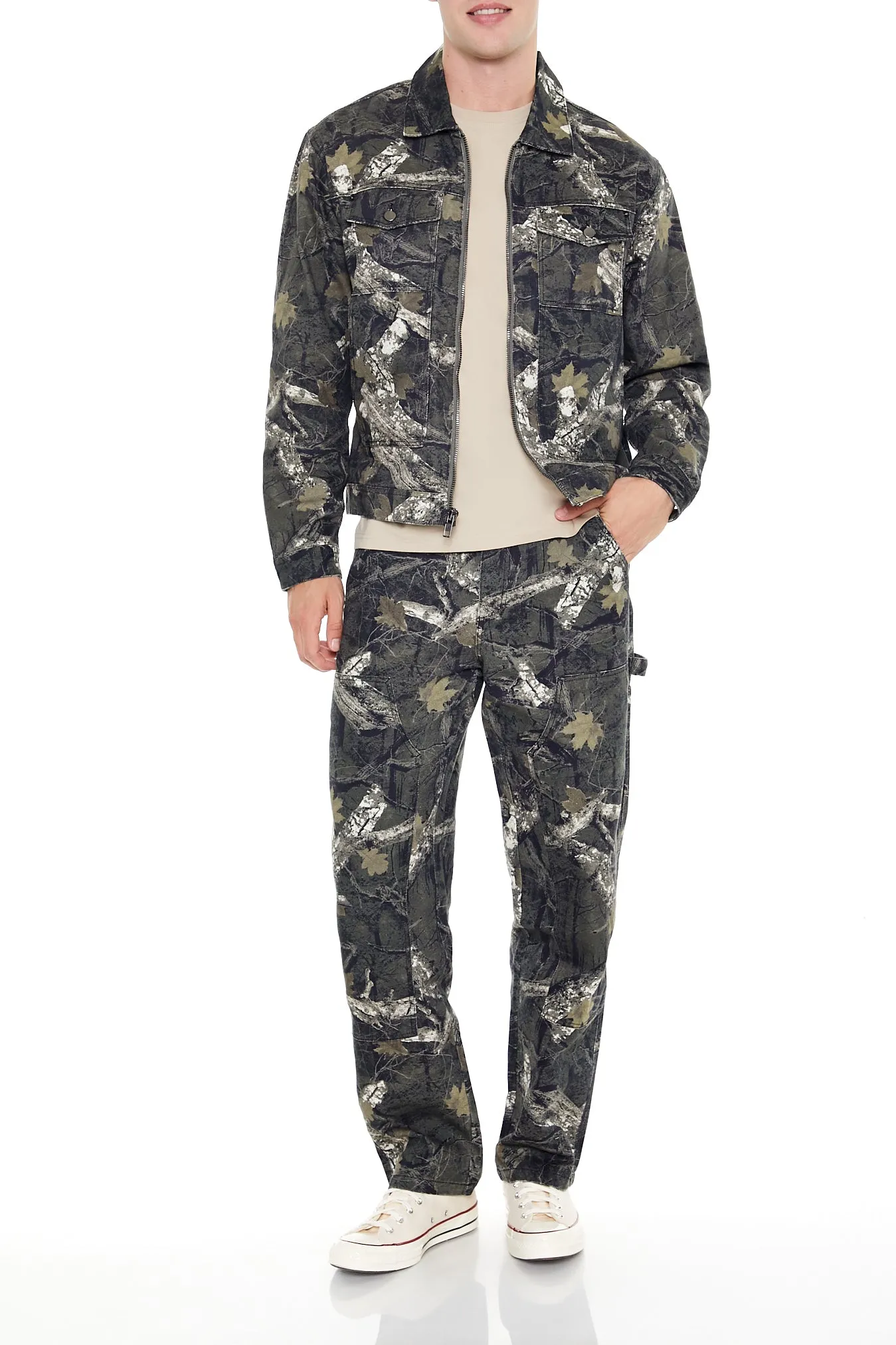 Leaf Print Zip-Up Trucker Jacket