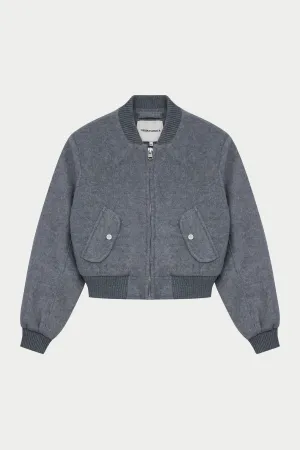 SHOULDER PADDED WOOL BLEND BOMBER JACKET - GREY MARL