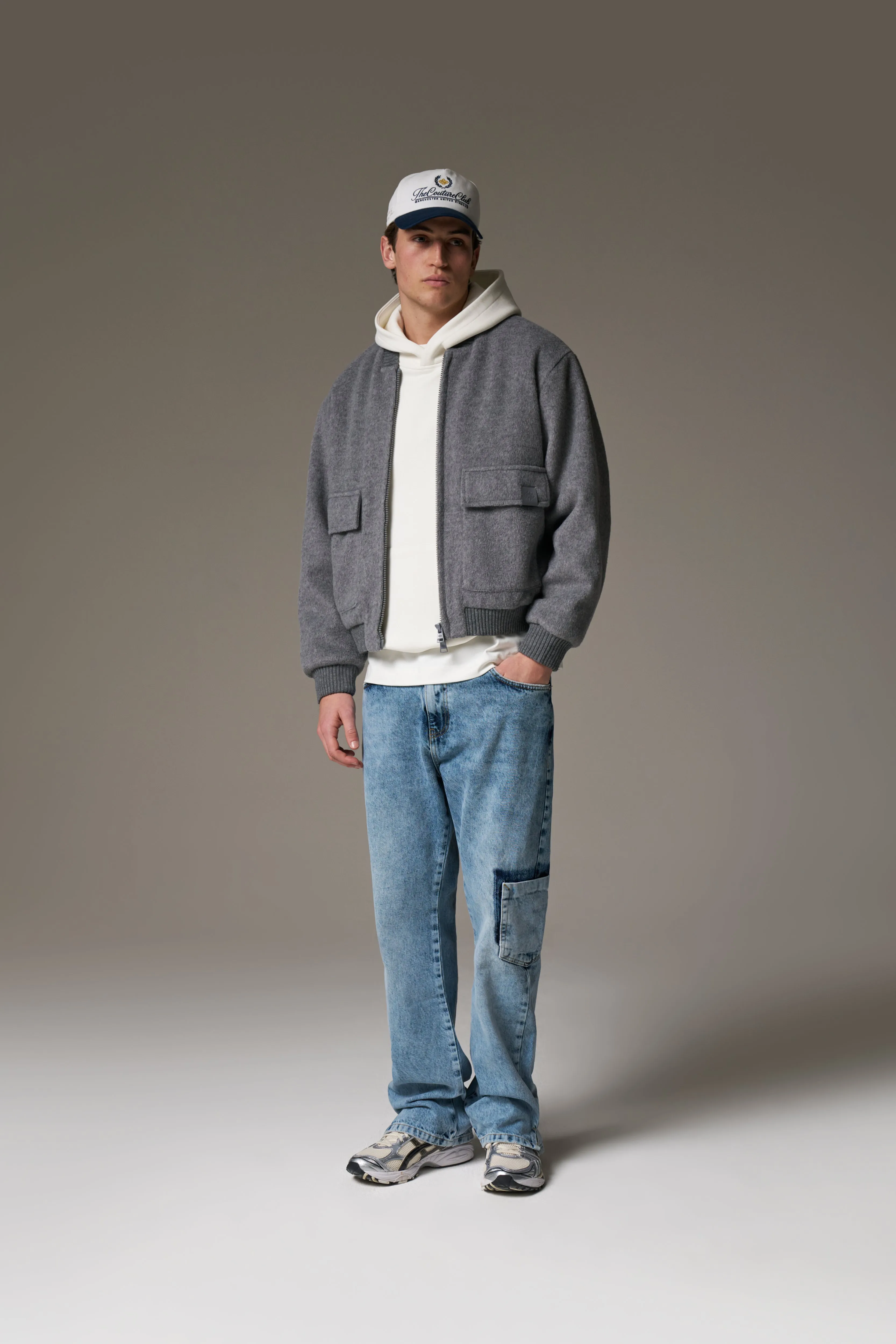 WOOL BLEND BOMBER JACKET - GREY MARL