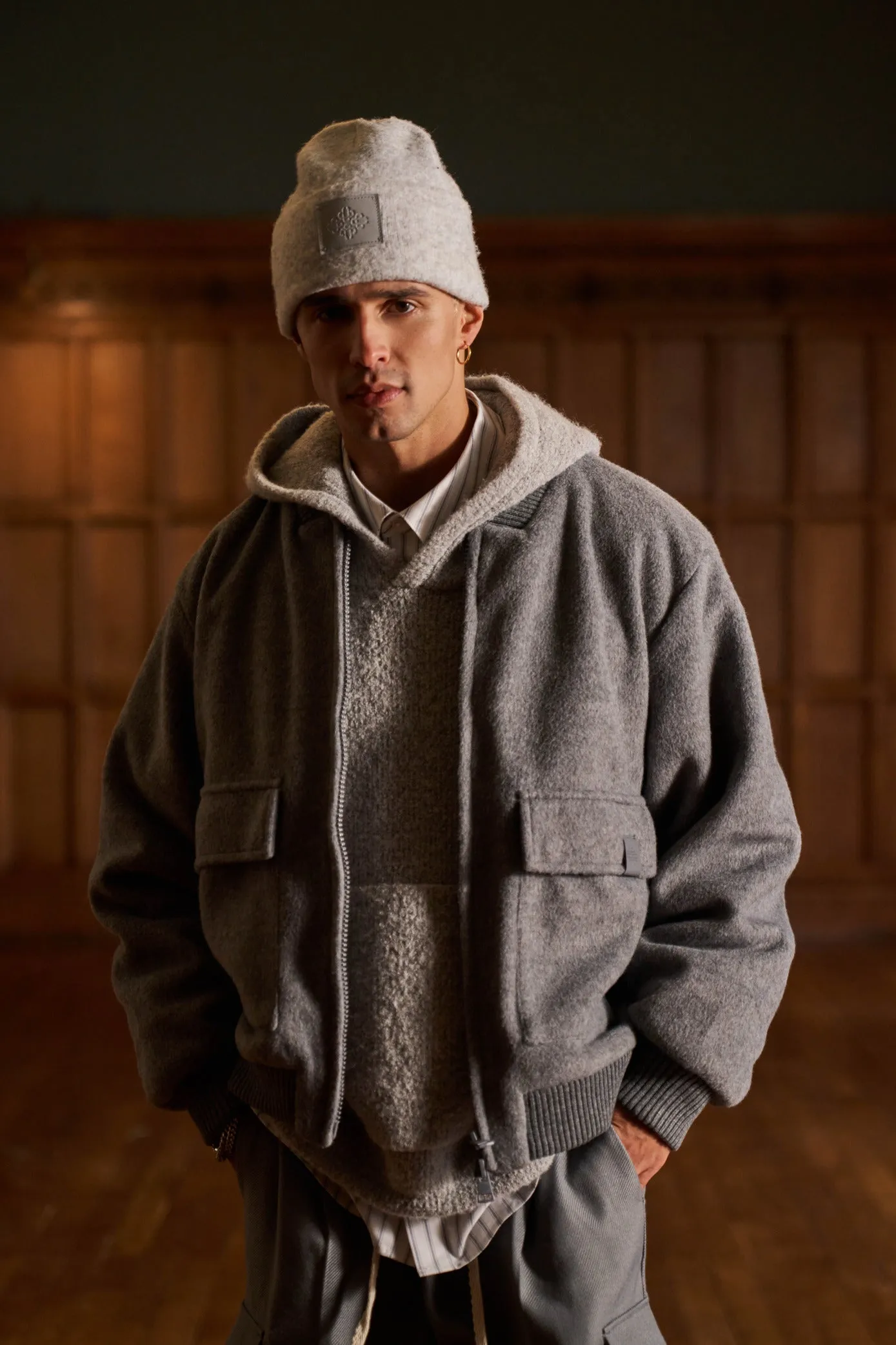 WOOL BLEND BOMBER JACKET - GREY MARL